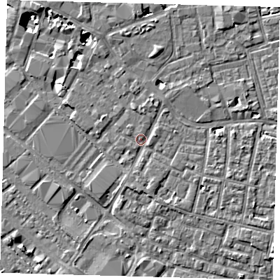 Shaded relief map of the ground around SE15ST, computed from Environment Agency LiDAR. The ground here sits at about 3 m above sea level and falls 8 m across the surrounding 800 m. Surface water reaching this point runs off ground lying to the north-north-east, 1.4 m higher.