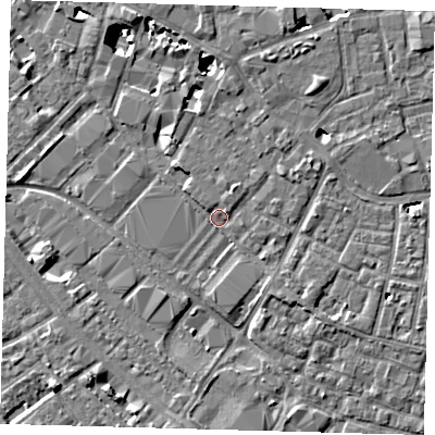 Shaded relief map of the ground around SE15SU, computed from Environment Agency LiDAR. The ground here sits at about 2 m above sea level and falls 8 m across the surrounding 800 m. Surface water reaching this point runs off ground lying to the north-north-west, 7.7 m higher.