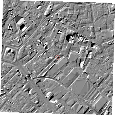 Shaded relief map of the ground around SE15SY, computed from Environment Agency LiDAR. The ground here sits at about 2 m above sea level and falls 8 m across the surrounding 800 m. Surface water reaching this point runs off ground lying to the west, 5.1 m higher.