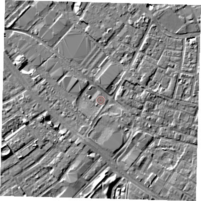 Shaded relief map of the ground around SE15SZ, computed from Environment Agency LiDAR. The ground here sits at about 1 m above sea level and falls 6 m across the surrounding 800 m. Surface water reaching this point runs off ground lying to the south-south-west, 2.2 m higher.