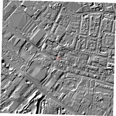 Shaded relief map of the ground around SE15TA, computed from Environment Agency LiDAR. The ground here sits at about 2 m above sea level and falls 6 m across the surrounding 800 m. Surface water reaching this point runs off ground lying to the north-north-west, 2.0 m higher.