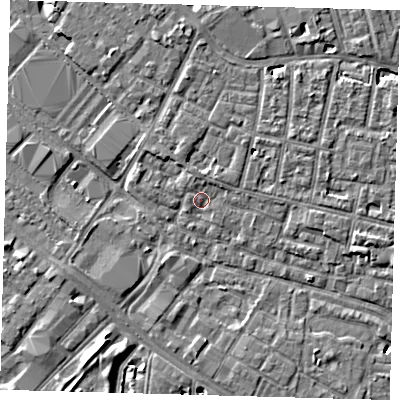 Shaded relief map of the ground around SE15TB, computed from Environment Agency LiDAR. The ground here sits at about 2 m above sea level and falls 6 m across the surrounding 800 m. Surface water reaching this point runs off ground lying to the north, 1.6 m higher.
