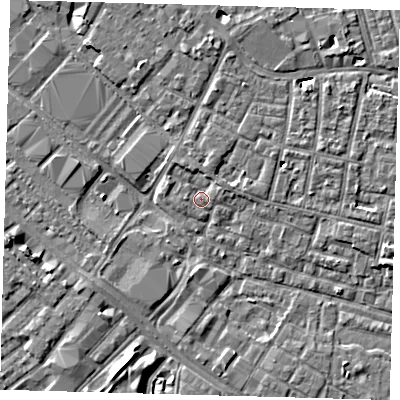 Shaded relief map of the ground around SE15TD, computed from Environment Agency LiDAR. The ground here sits at about 2 m above sea level and falls 6 m across the surrounding 800 m. Surface water reaching this point runs off ground lying to the north-north-west, 1.5 m higher.