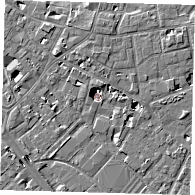 Shaded relief map of the ground around SE15TE, computed from Environment Agency LiDAR. The ground here sits at about -2 m above sea level and falls 8 m across the surrounding 800 m. Surface water reaching this point runs off ground lying to the north-north-east, 7.5 m higher.