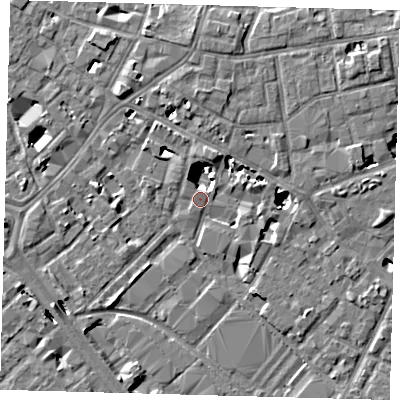 Shaded relief map of the ground around SE15TF, computed from Environment Agency LiDAR. The ground here sits at about 3 m above sea level and falls 8 m across the surrounding 800 m. Surface water reaching this point runs off ground lying to the north-north-east, 7.5 m higher.