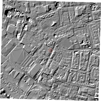 Shaded relief map of the ground around SE15TJ, computed from Environment Agency LiDAR. The ground here sits at about 3 m above sea level and falls 8 m across the surrounding 800 m. Surface water reaching this point runs off ground lying to the north-north-east, 1.4 m higher.