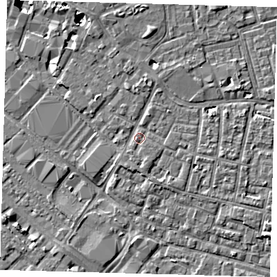 Shaded relief map of the ground around SE15TN, computed from Environment Agency LiDAR. The ground here sits at about 3 m above sea level and falls 7 m across the surrounding 800 m. Surface water reaching this point runs off ground lying to the north, 1.4 m higher.