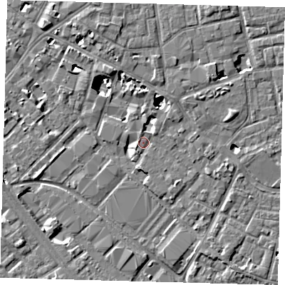 Shaded relief map of the ground around SE15TS, computed from Environment Agency LiDAR. The ground here sits at about 3 m above sea level and falls 8 m across the surrounding 800 m. Surface water reaching this point runs off ground lying to the north-north-east, 4.8 m higher.