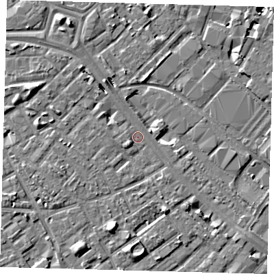 Shaded relief map of the ground around SE15TU, computed from Environment Agency LiDAR. The ground here sits at about 3 m above sea level and falls 8 m across the surrounding 800 m. Surface water reaching this point runs off ground lying to the north-north-west, 4.5 m higher.