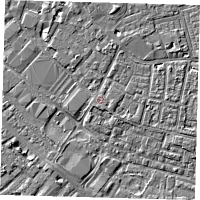 Shaded relief map of the ground around SE15TW, computed from Environment Agency LiDAR. The ground here sits at about 3 m above sea level and falls 5 m across the surrounding 800 m. Surface water reaching this point runs off ground lying to the south-south-west, 1.0 m higher.
