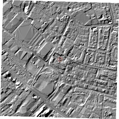 Shaded relief map of the ground around SE15TX, computed from Environment Agency LiDAR. The ground here sits at about 2 m above sea level and falls 6 m across the surrounding 800 m. Surface water reaching this point runs off ground lying to the north-north-west, 1.5 m higher.