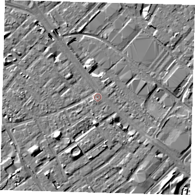 Shaded relief map of the ground around SE15TY, computed from Environment Agency LiDAR. The ground here sits at about 3 m above sea level and falls 8 m across the surrounding 800 m. Surface water reaching this point runs off ground lying to the south-south-west, 1.1 m higher.