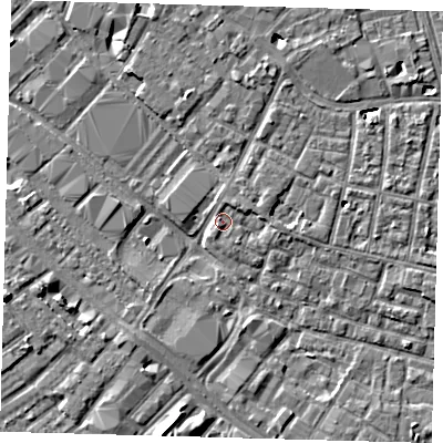 Shaded relief map of the ground around SE15TZ, computed from Environment Agency LiDAR. The ground here sits at about 2 m above sea level and falls 6 m across the surrounding 800 m. Surface water reaching this point runs off ground lying to the north-east, 1.3 m higher.