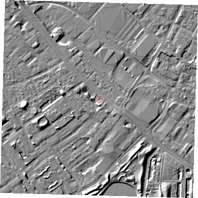 Shaded relief map of the ground around SE15UB, computed from Environment Agency LiDAR. The ground here sits at about 2 m above sea level and falls 8 m across the surrounding 800 m. Surface water reaching this point runs off ground lying to the south, 2.2 m higher.