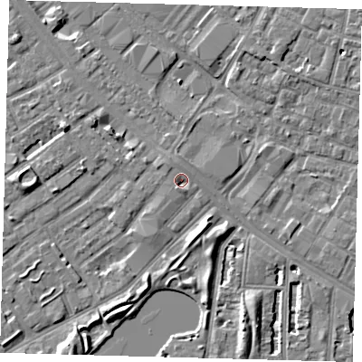Shaded relief map of the ground around SE15UE, computed from Environment Agency LiDAR. The ground here sits at about 3 m above sea level and falls 7 m across the surrounding 800 m. Surface water reaching this point runs off ground lying to the north-west, 0.8 m higher.