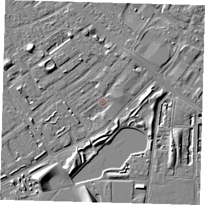 Shaded relief map of the ground around SE15UJ, computed from Environment Agency LiDAR. The ground here sits at about 2 m above sea level and falls 8 m across the surrounding 800 m. Surface water reaching this point runs off ground lying to the north-west, 5.7 m higher.