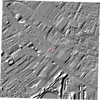 Shaded relief map of the ground around SE15UN, computed from Environment Agency LiDAR. The ground here sits at about 3 m above sea level and falls 8 m across the surrounding 800 m. Surface water reaching this point runs off ground lying to the south-south-east, 1.1 m higher.