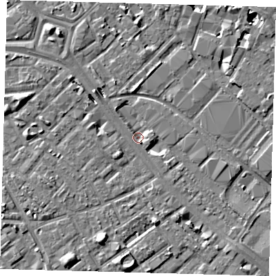Shaded relief map of the ground around SE15UR, computed from Environment Agency LiDAR. The ground here sits at about 2 m above sea level and falls 9 m across the surrounding 800 m. Surface water reaching this point runs off ground lying to the north-west, 4.9 m higher.