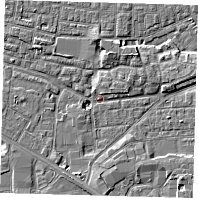 Shaded relief map of the ground around SE15US, computed from Environment Agency LiDAR. The ground here sits at about 2 m above sea level and falls 9 m across the surrounding 800 m. Surface water reaching this point runs off ground lying to the north-north-east, 8.3 m higher.