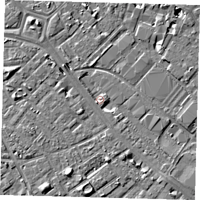 Shaded relief map of the ground around SE15UT, computed from Environment Agency LiDAR. The ground here sits at about 2 m above sea level and falls 9 m across the surrounding 800 m. Surface water reaching this point runs off ground lying to the north-west, 4.9 m higher.