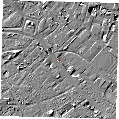 Shaded relief map of the ground around SE15UU, computed from Environment Agency LiDAR. The ground here sits at about 1 m above sea level and falls 10 m across the surrounding 800 m. Surface water reaching this point runs off ground lying to the north-west, 4.9 m higher.