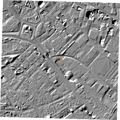 Shaded relief map of the ground around SE15UX, computed from Environment Agency LiDAR. The ground here sits at about 2 m above sea level and falls 10 m across the surrounding 800 m. Surface water reaching this point runs off ground lying to the west-north-west, 4.9 m higher.