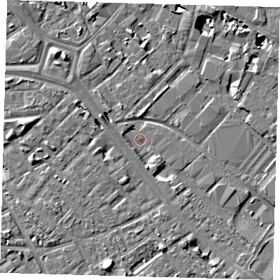 Shaded relief map of the ground around SE15UY, computed from Environment Agency LiDAR. The ground here sits at about 1 m above sea level and falls 10 m across the surrounding 800 m. Surface water reaching this point runs off ground lying to the west-north-west, 4.9 m higher.