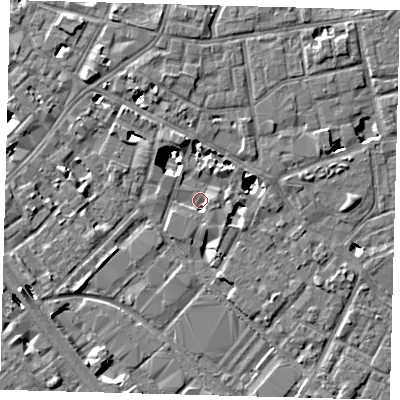 Shaded relief map of the ground around SE15WS, computed from Environment Agency LiDAR. The ground here sits at about 2 m above sea level and falls 8 m across the surrounding 800 m. Surface water reaching this point runs off ground lying to the north-north-west, 3.8 m higher.