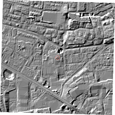 Shaded relief map of the ground around SE15WZ, computed from Environment Agency LiDAR. The ground here sits at about 2 m above sea level and falls 9 m across the surrounding 800 m. Surface water reaching this point runs off ground lying to the west-south-west, 0.7 m higher.