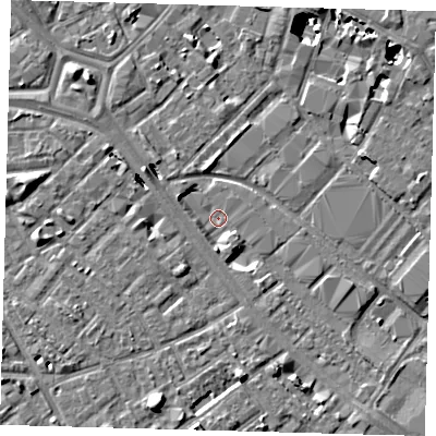 Shaded relief map of the ground around SE15XB, computed from Environment Agency LiDAR. The ground here sits at about 1 m above sea level and falls 10 m across the surrounding 800 m. Surface water reaching this point runs off ground lying to the south, 2.6 m higher.