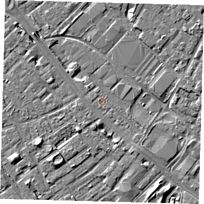 Shaded relief map of the ground around SE15XE, computed from Environment Agency LiDAR. The ground here sits at about 2 m above sea level and falls 8 m across the surrounding 800 m. Surface water reaching this point runs off ground lying to the south-south-east, 2.3 m higher.