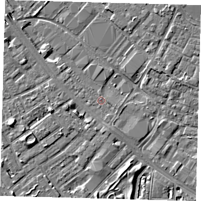Shaded relief map of the ground around SE15XF, computed from Environment Agency LiDAR. The ground here sits at about 2 m above sea level and falls 8 m across the surrounding 800 m. Surface water reaching this point runs off ground lying to the south-south-east, 1.1 m higher.