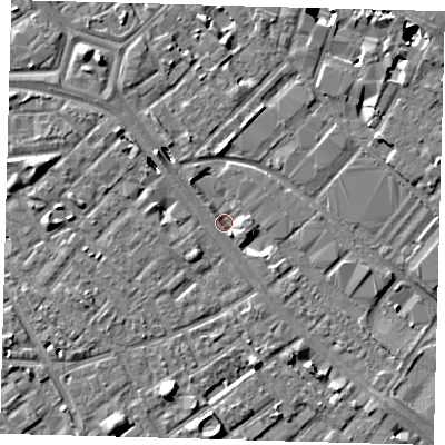 Shaded relief map of the ground around SE15XG, computed from Environment Agency LiDAR. The ground here sits at about 2 m above sea level and falls 9 m across the surrounding 800 m. Surface water reaching this point runs off ground lying to the north-west, 4.9 m higher.