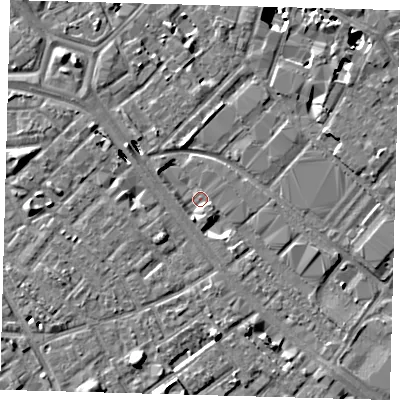Shaded relief map of the ground around SE15XH, computed from Environment Agency LiDAR. The ground here sits at about 1 m above sea level and falls 10 m across the surrounding 800 m. Surface water reaching this point runs off ground lying to the south-south-west, 2.6 m higher.
