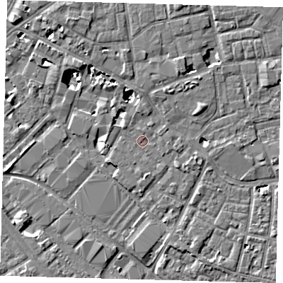 Shaded relief map of the ground around SE15XJ, computed from Environment Agency LiDAR. The ground here sits at about 3 m above sea level and falls 8 m across the surrounding 800 m. Surface water reaching this point runs off ground lying to the south, 0.8 m higher.