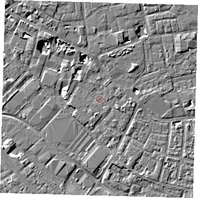 Shaded relief map of the ground around SE15XL, computed from Environment Agency LiDAR. The ground here sits at about 3 m above sea level and falls 8 m across the surrounding 800 m. Surface water reaching this point runs off ground lying to the east-north-east, 0.7 m higher.