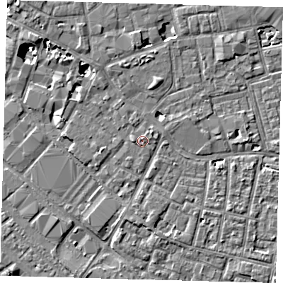 Shaded relief map of the ground around SE15XN, computed from Environment Agency LiDAR. The ground here sits at about 3 m above sea level and falls 8 m across the surrounding 800 m. Surface water reaching this point runs off ground lying to the west, 0.9 m higher.