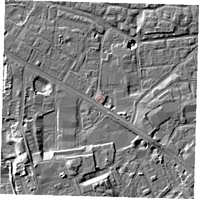 Shaded relief map of the ground around SE15XQ, computed from Environment Agency LiDAR. The ground here sits at about 3 m above sea level and falls 11 m across the surrounding 800 m. Surface water reaching this point runs off ground lying to the east-south-east, 4.1 m higher.