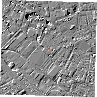 Shaded relief map of the ground around SE15XR, computed from Environment Agency LiDAR. The ground here sits at about 3 m above sea level and falls 8 m across the surrounding 800 m. Surface water reaching this point runs off ground lying to the east, 0.6 m higher.