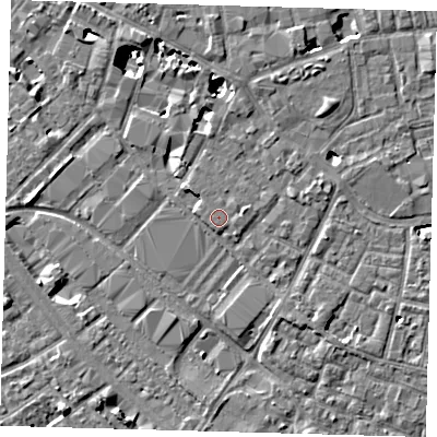 Shaded relief map of the ground around SE15XS, computed from Environment Agency LiDAR. The ground here sits at about 3 m above sea level and falls 8 m across the surrounding 800 m. Surface water reaching this point runs off ground lying to the east-north-east, 0.9 m higher.
