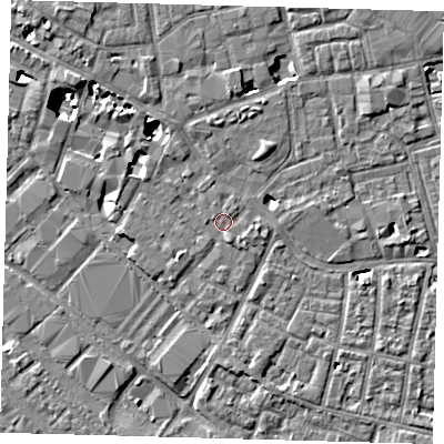 Shaded relief map of the ground around SE15XT, computed from Environment Agency LiDAR. The ground here sits at about 3 m above sea level and falls 8 m across the surrounding 800 m. Surface water reaching this point runs off ground lying to the south-south-east, 1.0 m higher.
