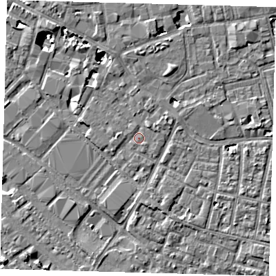 Shaded relief map of the ground around SE15XU, computed from Environment Agency LiDAR. The ground here sits at about 3 m above sea level and falls 8 m across the surrounding 800 m. Surface water reaching this point runs off ground lying to the north-east, 1.1 m higher.