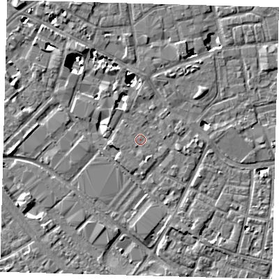 Shaded relief map of the ground around SE15XW, computed from Environment Agency LiDAR. The ground here sits at about 3 m above sea level and falls 8 m across the surrounding 800 m. Surface water reaching this point runs off ground lying to the south-south-east, 0.8 m higher.