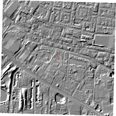 Shaded relief map of the ground around SE15YA, computed from Environment Agency LiDAR. The ground here sits at about 2 m above sea level and falls 9 m across the surrounding 800 m. Surface water reaching this point runs off ground lying to the south-south-west, 1.4 m higher.