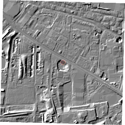 Shaded relief map of the ground around SE15YB, computed from Environment Agency LiDAR. The ground here sits at about 1 m above sea level and falls 11 m across the surrounding 800 m. Surface water reaching this point runs off ground lying to the south-south-east, 8.0 m higher.