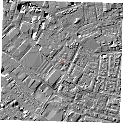 Shaded relief map of the ground around SE15YL, computed from Environment Agency LiDAR. The ground here sits at about 3 m above sea level and falls 8 m across the surrounding 800 m. Surface water reaching this point runs off ground lying to the east-south-east, 0.5 m higher.