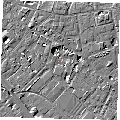 Shaded relief map of the ground around SE15YQ, computed from Environment Agency LiDAR. The ground here sits at about 2 m above sea level and falls 8 m across the surrounding 800 m. Surface water reaching this point runs off ground lying to the north, 3.8 m higher.