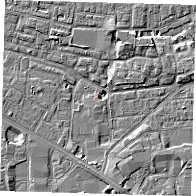Shaded relief map of the ground around SE15YX, computed from Environment Agency LiDAR. The ground here sits at about 2 m above sea level and falls 8 m across the surrounding 800 m. Surface water reaching this point runs off ground lying to the south-west, 0.9 m higher.
