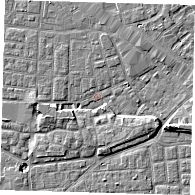 Shaded relief map of the ground around SE15ZA, computed from Environment Agency LiDAR. The ground here sits at about 1 m above sea level and falls 11 m across the surrounding 800 m. Surface water reaching this point runs off ground lying to the south-east, 6.5 m higher.