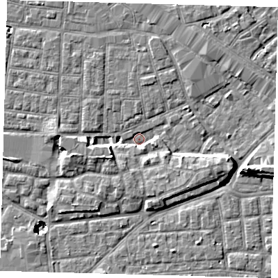 Shaded relief map of the ground around SE15ZP, computed from Environment Agency LiDAR. The ground here sits at about 1 m above sea level and falls 11 m across the surrounding 800 m. Surface water reaching this point runs off ground lying to the east-south-east, 6.5 m higher.